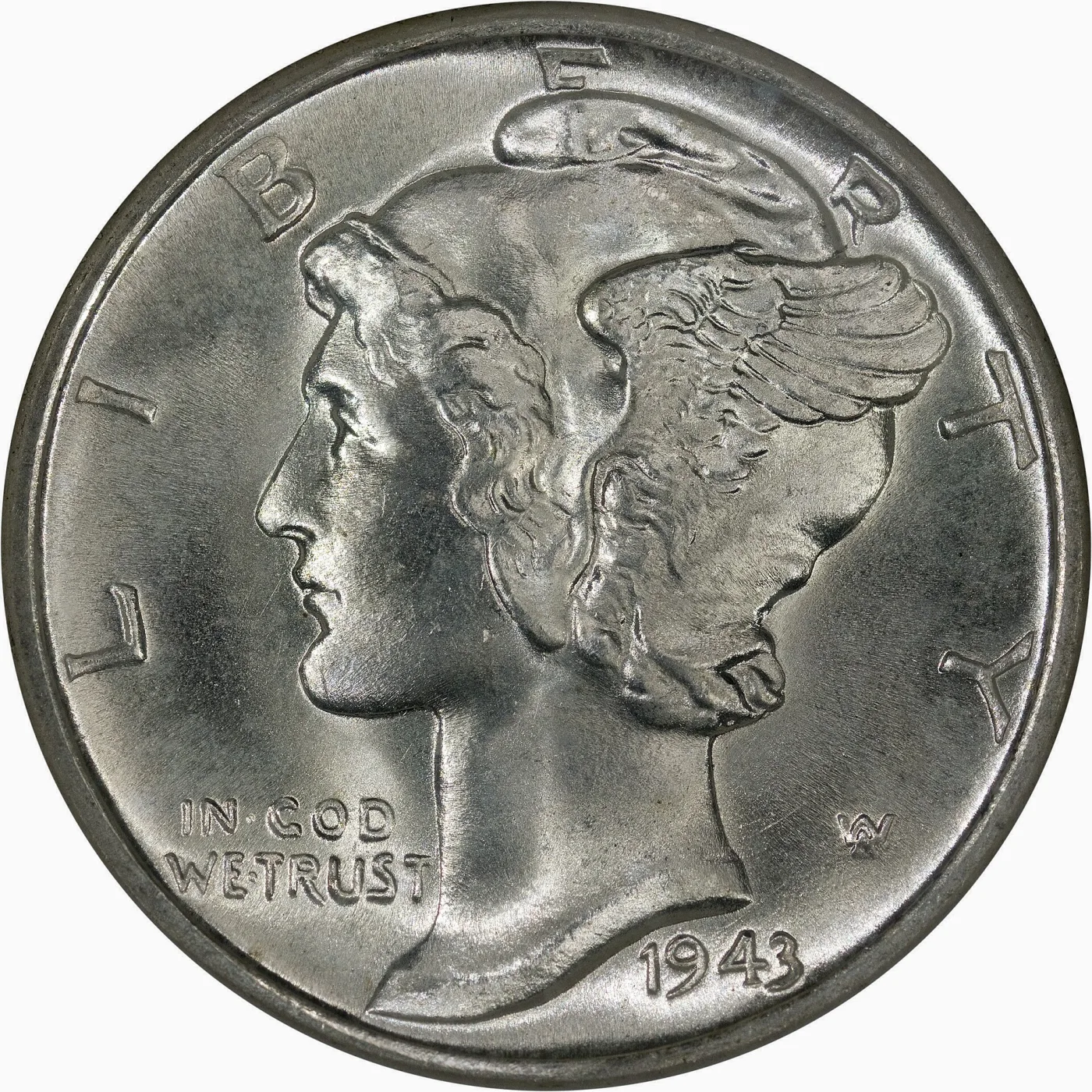 Obverse of a 1943 Mercury dime showing Liberty in a winged cap, with the date at the lower right