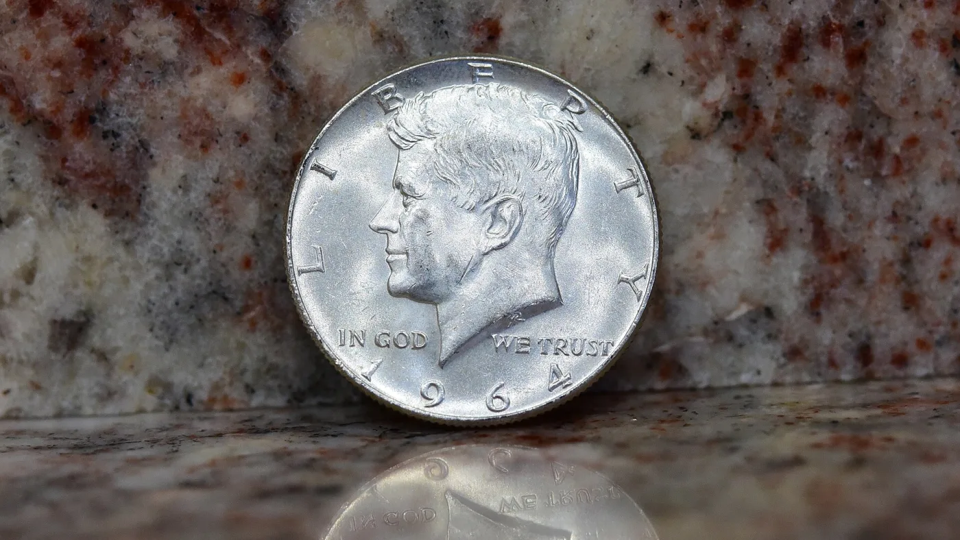 Obverse of a bright 1964 Kennedy half dollar, the only date of the series struck in 90% silver