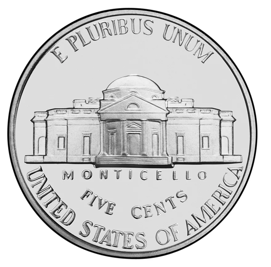 Reverse of an ordinary Jefferson nickel showing Monticello, with the space above the dome empty where a war nickel carries its large P, D or S mint mark