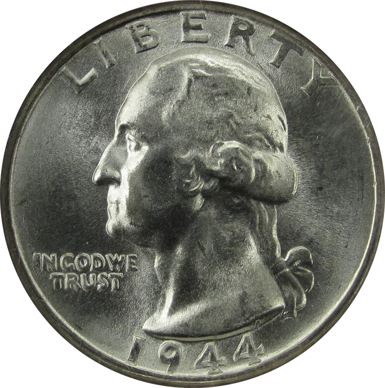 Obverse of a 1944 Washington quarter with the date clearly legible below Washington's bust