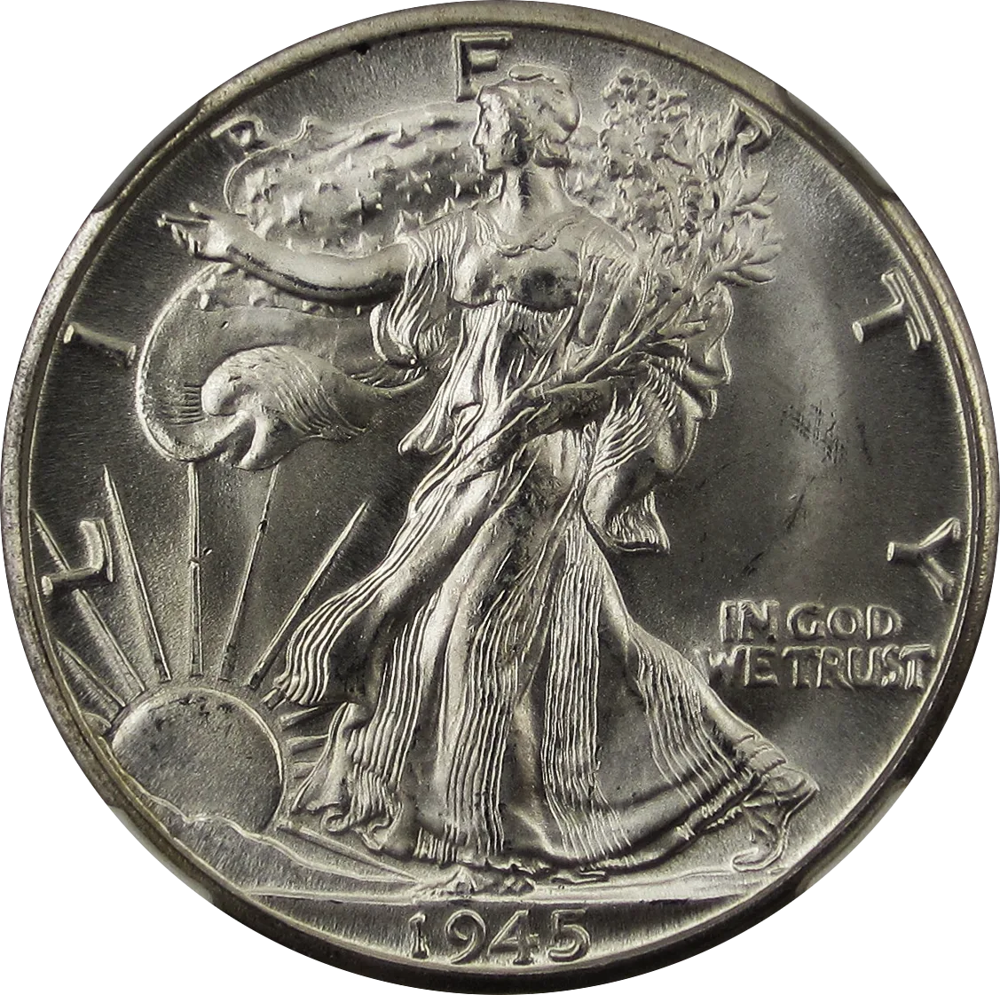 Obverse of a 1945 Walking Liberty half dollar showing Liberty striding toward the sunrise, with the date along the lower rim