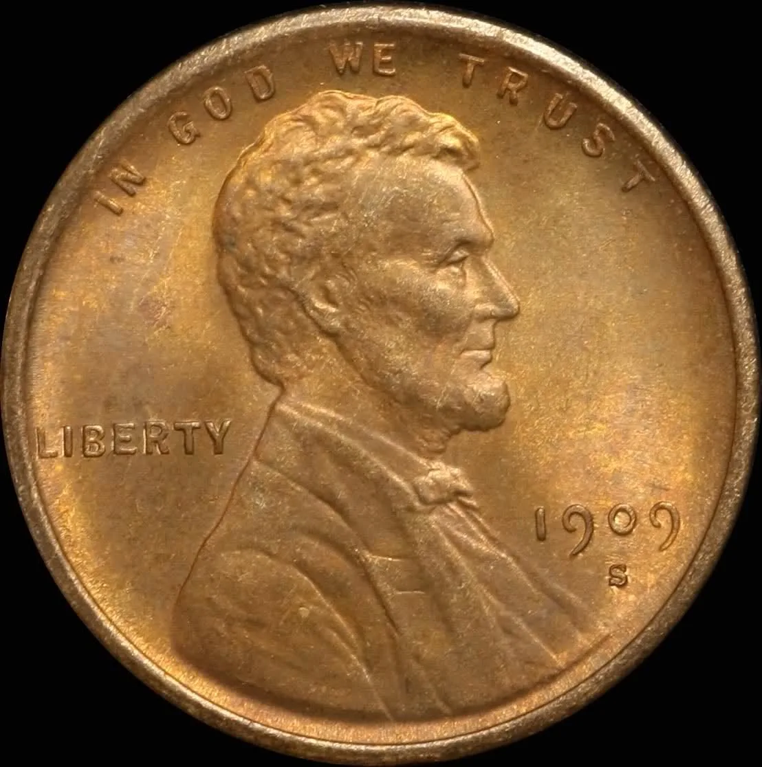 Obverse of a 1909-S VDB Lincoln cent with a small S mint mark directly beneath the date