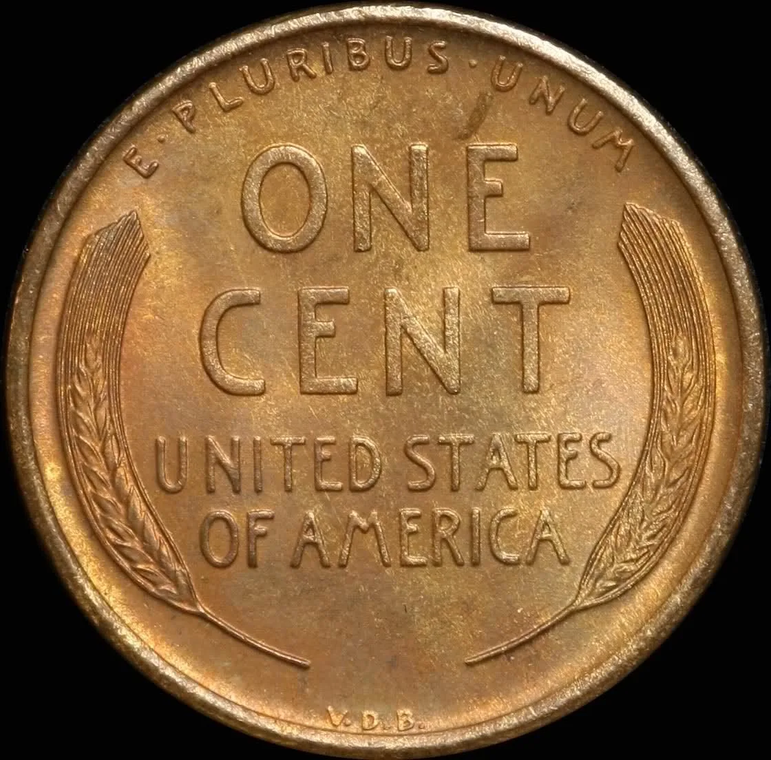 Reverse of a 1909-S VDB Lincoln cent, ONE CENT above UNITED STATES OF AMERICA between two wheat ears, with the initials VDB at the bottom rim