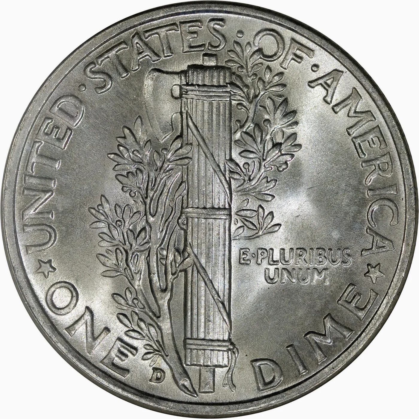 Reverse of a 1943 Mercury dime showing the fasces and olive branch, with a small letter D below the E in ONE at the lower left