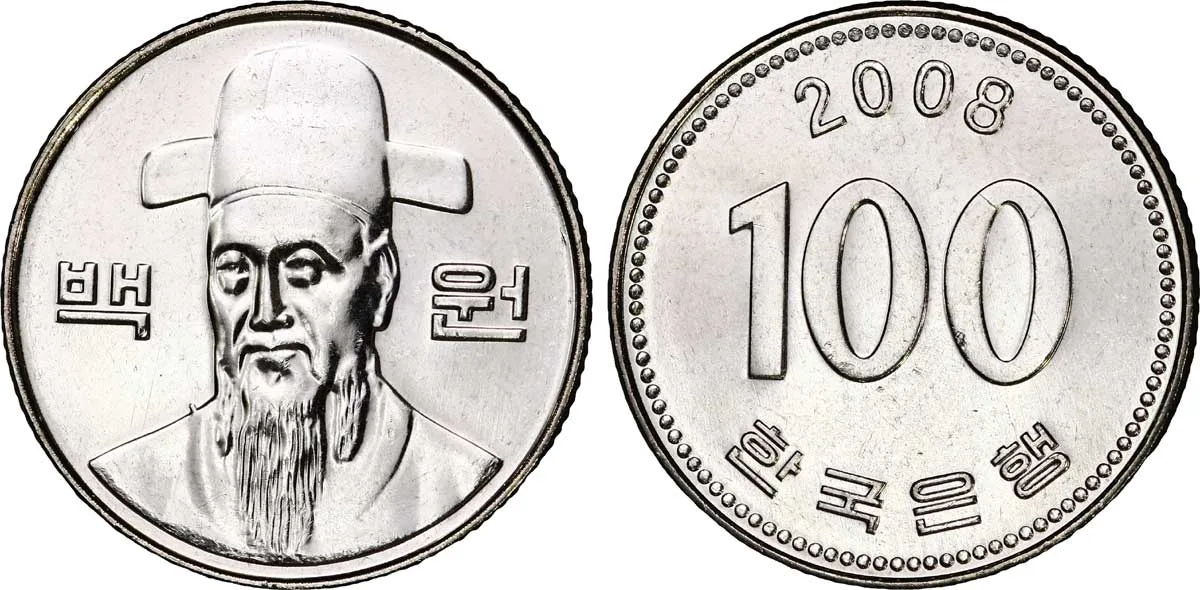 Obverse and reverse of a modern South Korean coin, a bust of a helmeted admiral on one side and the numeral 100 with Hangul text on the other