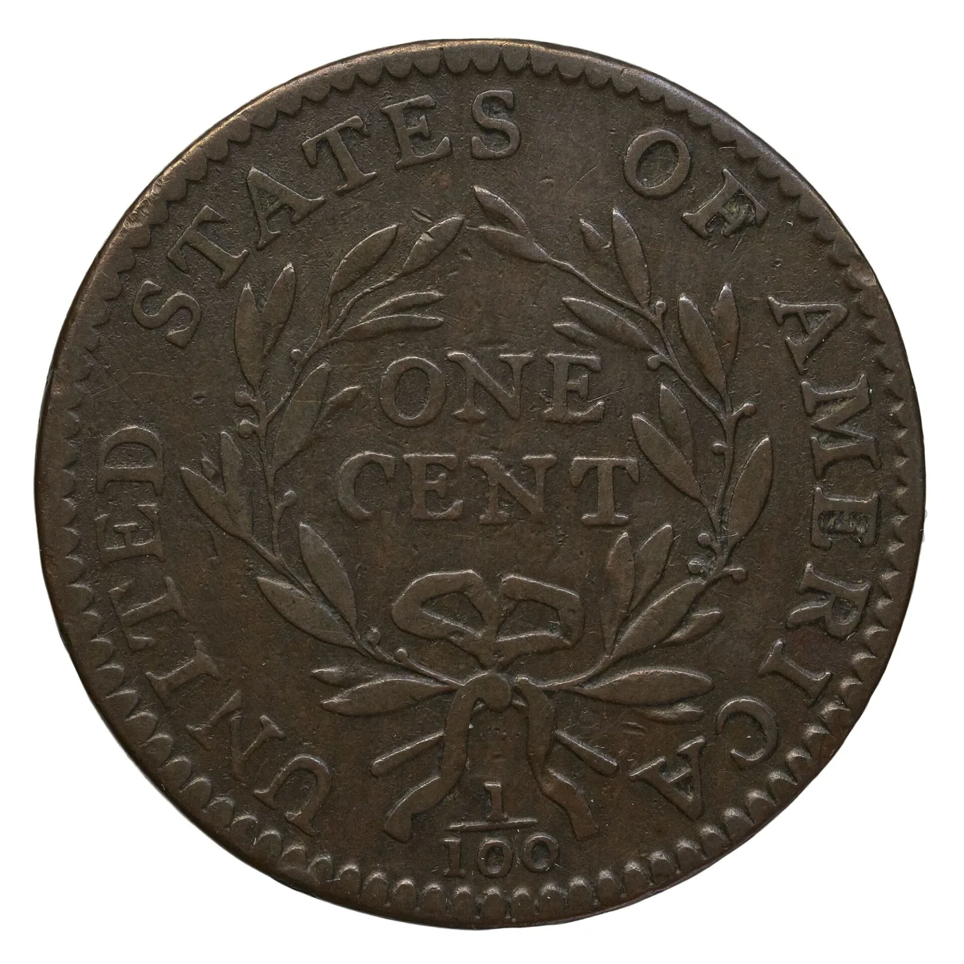 Reverse of an 1794 Liberty Cap cent, open wreath around ONE CENT with 1/100 below the bow