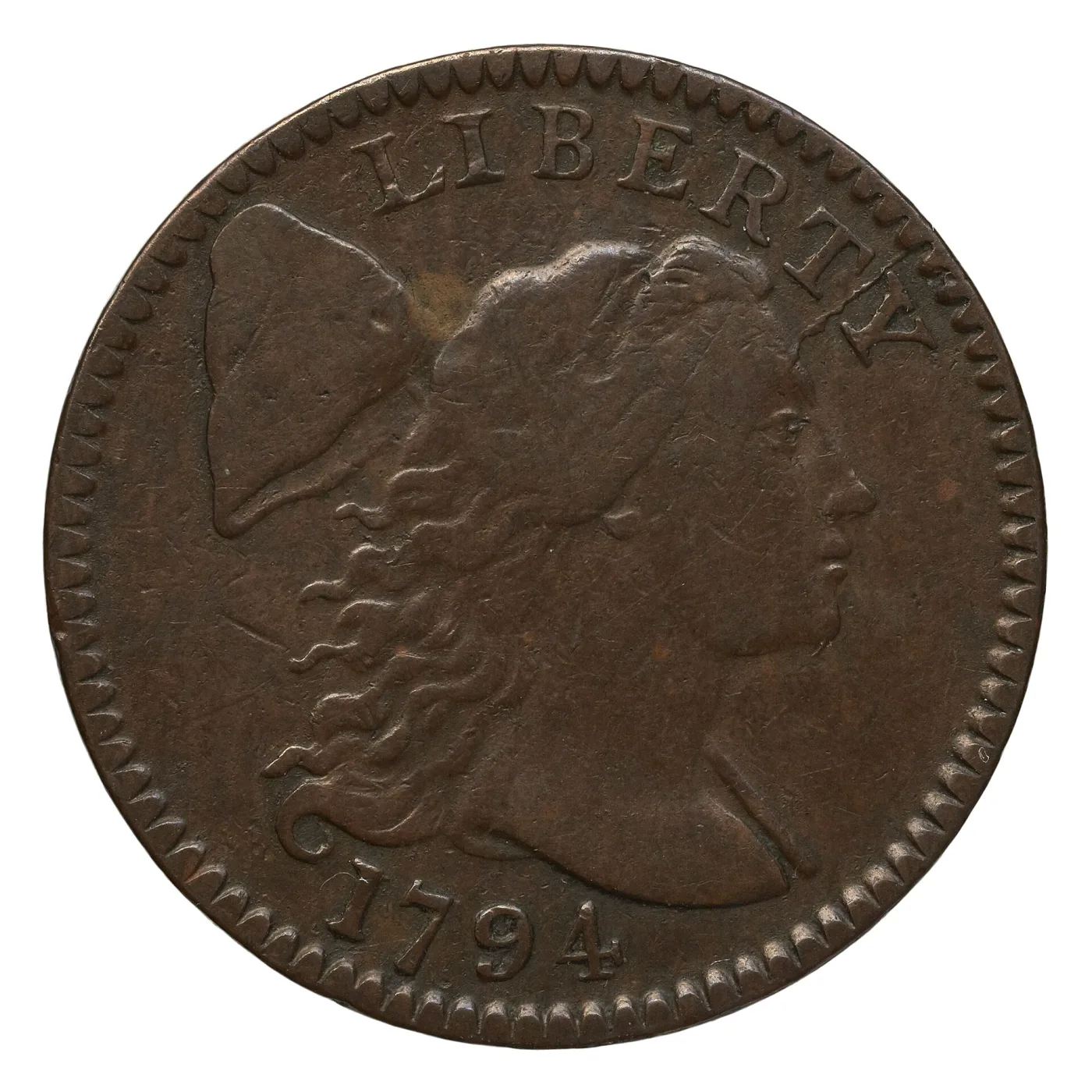 Obverse of an 1794 Liberty Cap cent with a soft Phrygian cap hanging from a pole behind Liberty's head