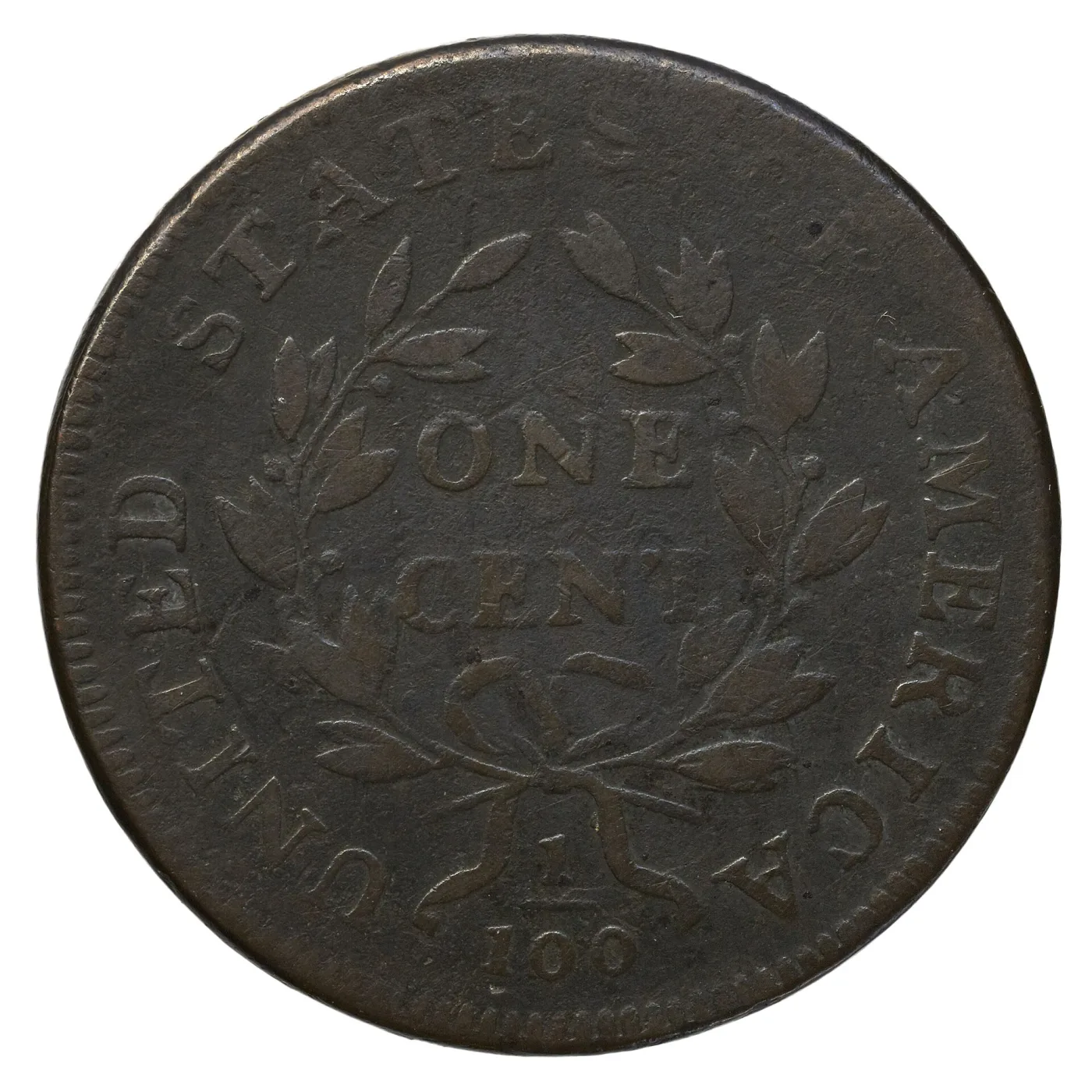 Reverse of a Draped Bust large cent, open wreath around ONE CENT with 1/100 beneath the bow
