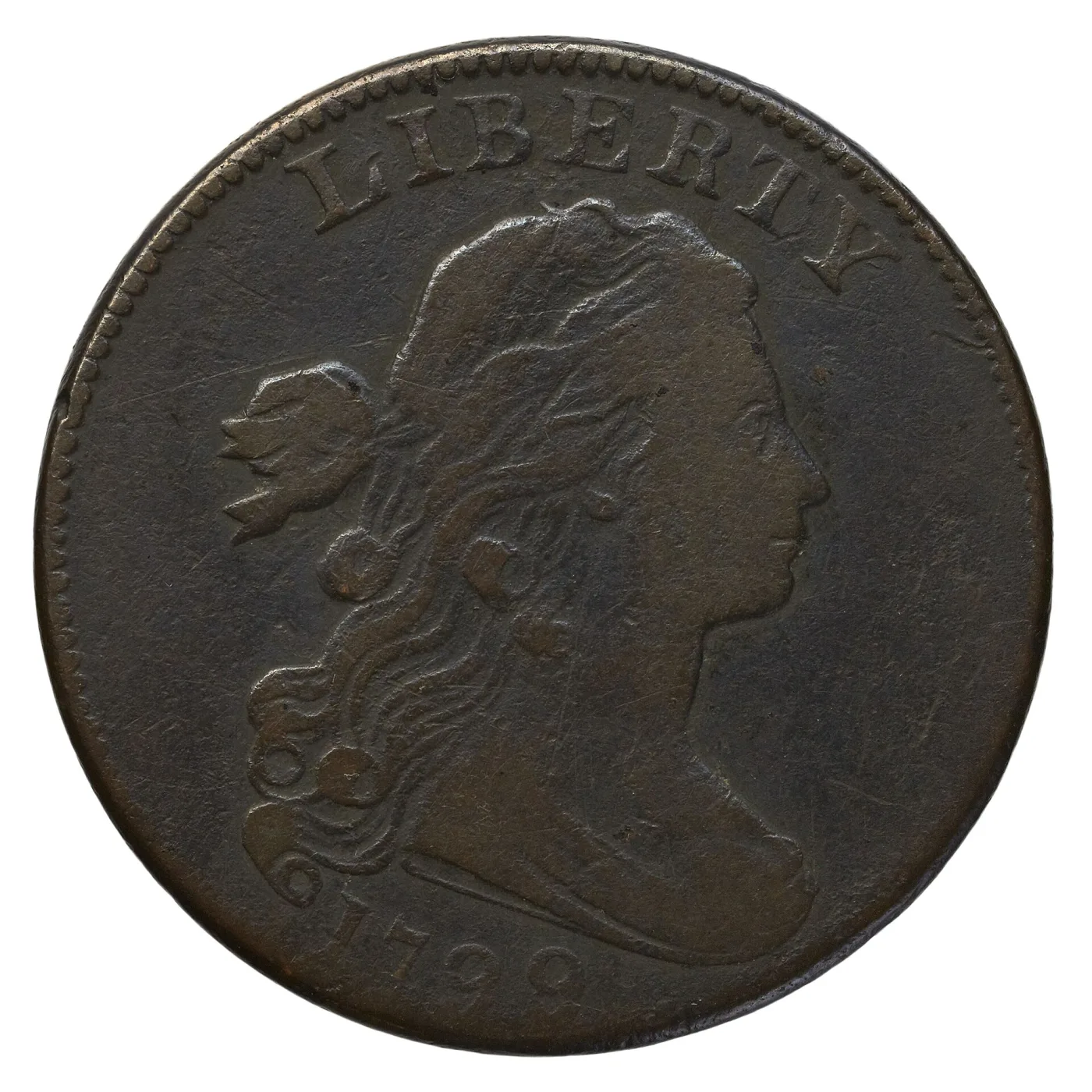 Obverse of a Draped Bust large cent, Liberty facing right with a ribbon in her hair and drapery across the bust truncation, the date worn