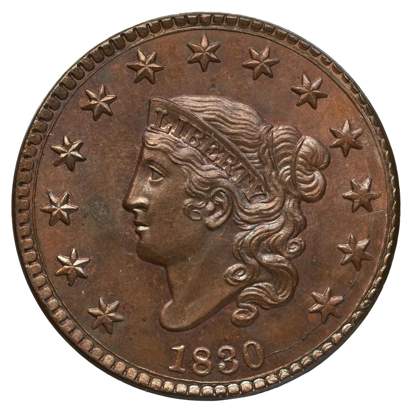 Obverse of an 1830 large cent, Liberty facing left wearing a coronet lettered LIBERTY with loose curls behind and thirteen stars around