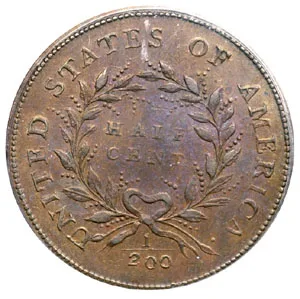 Reverse of a 1793 Liberty Cap half cent showing HALF CENT within a wreath tied with a bow and the fraction 1/200 beneath