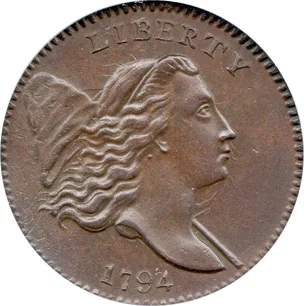 Obverse of a 1794 Liberty Cap half cent showing Liberty facing right with the cap and pole behind her at the left and the date 1794 below