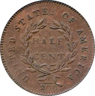 Reverse of a 1794 Liberty Cap half cent showing HALF CENT within a wreath and the fraction 1/200 beneath the bow