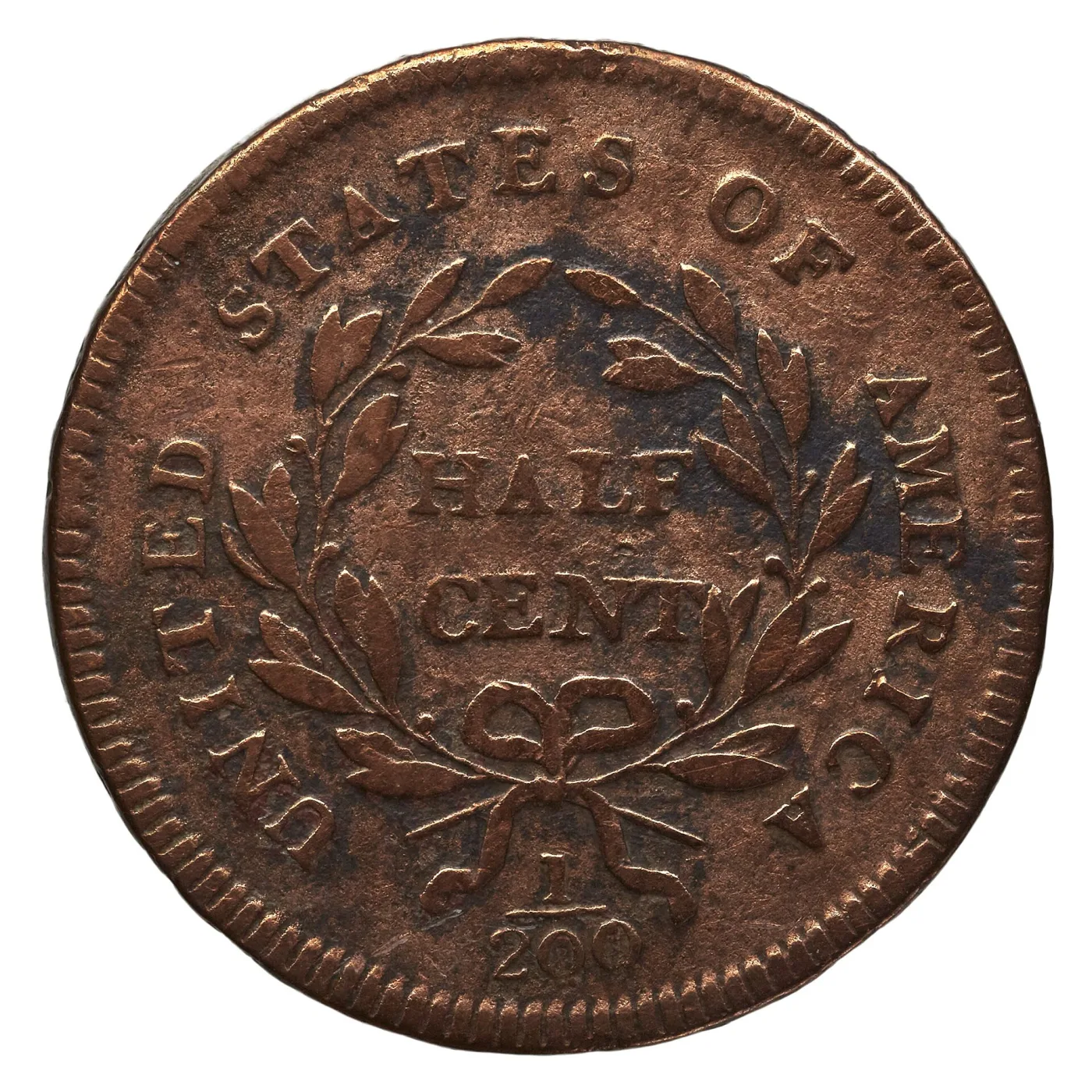 Reverse of a 1795 Liberty Cap half cent showing HALF CENT inside the wreath and the fraction 1/200 below the bow