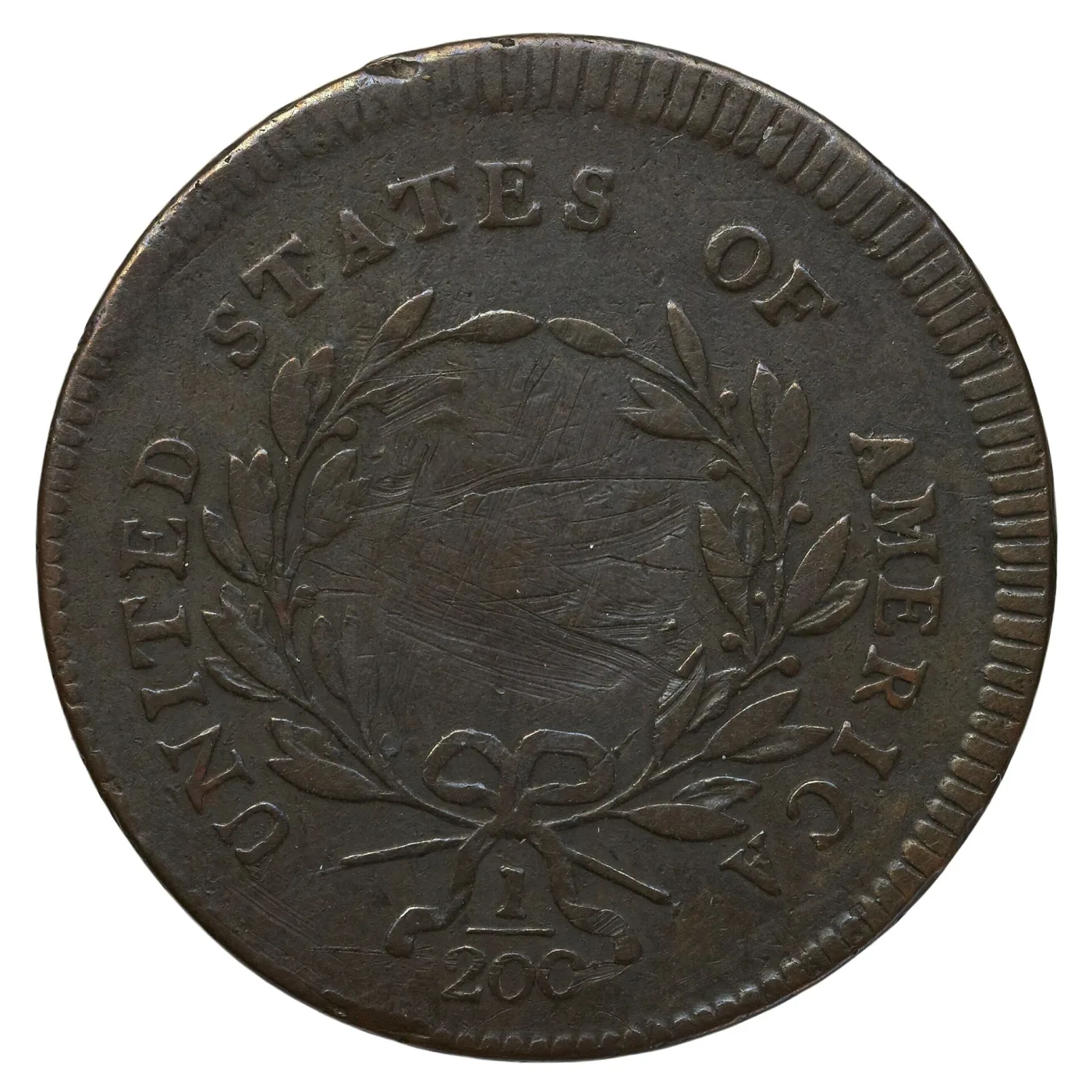Reverse of a 1795 Liberty Cap half cent whose fields inside the wreath are covered in deep parallel scratches, with the lettering and the fraction 1/200 still legible