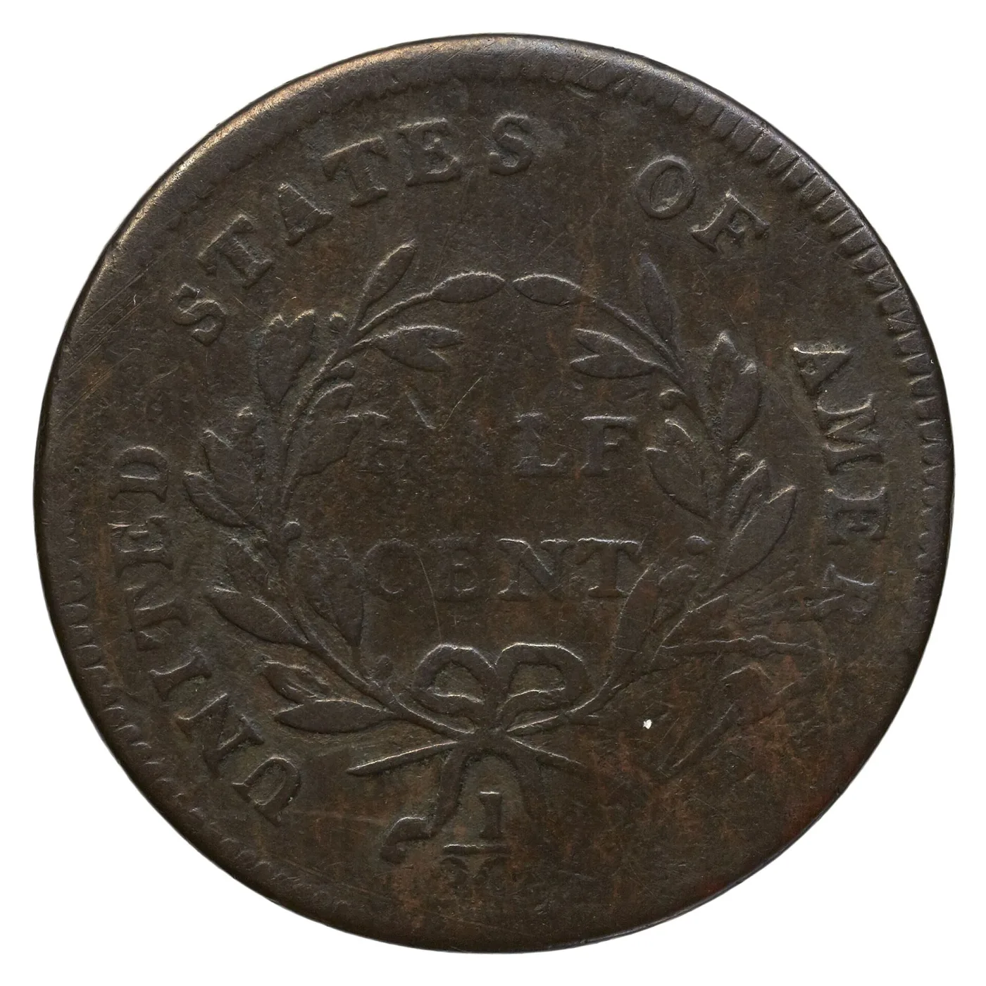 Reverse of a 1797 Liberty Cap half cent with HALF CENT weakly struck inside the wreath and the fraction 1/200 partly visible below the bow