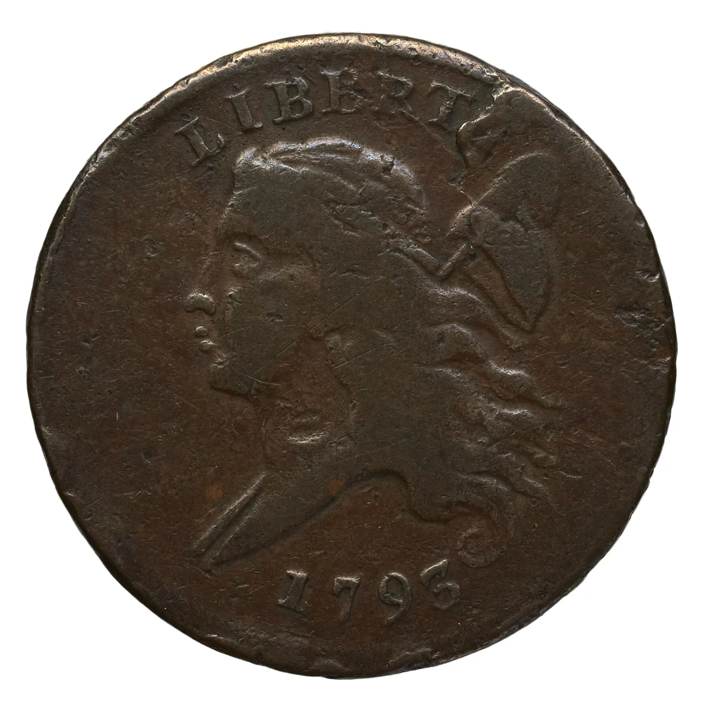 Obverse of a 1793 Liberty Cap half cent, Liberty facing left with flowing hair, a Phrygian cap carried on a pole behind the head, LIBERTY above and the date 1793 below