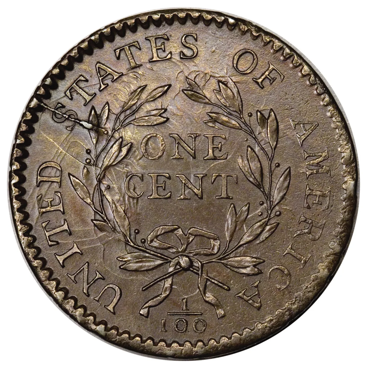 Reverse of a 1794 Liberty Cap large cent showing ONE CENT inside an open wreath tied with a bow, the fraction 1/100 below it and UNITED STATES OF AMERICA around the rim