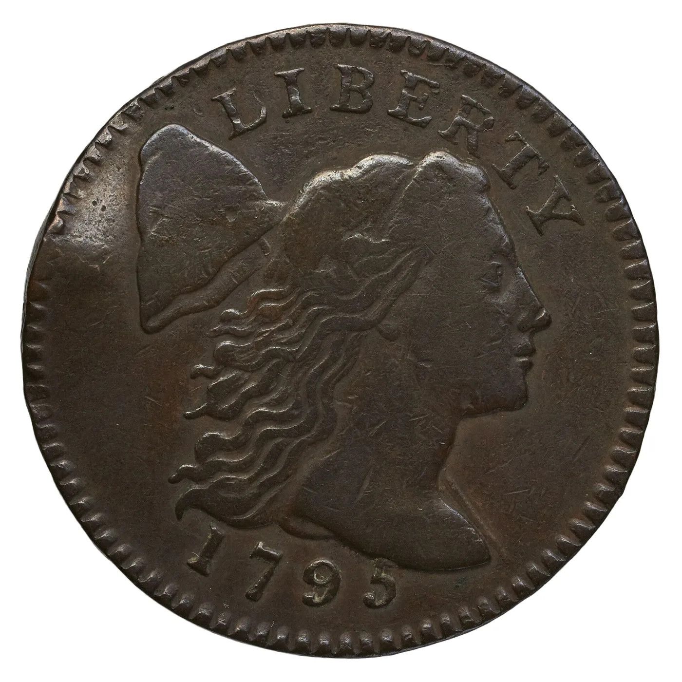 Obverse of a 1795 Liberty Cap large cent with separated hair strands, a clearly folded cap and full sawtooth dentils around the rim