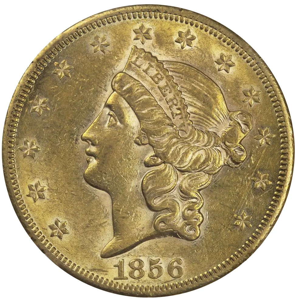 Obverse of an 1856 Liberty Head double eagle showing coronet Liberty facing left with LIBERTY on the coronet, a ring of stars and the date 1856 below the bust