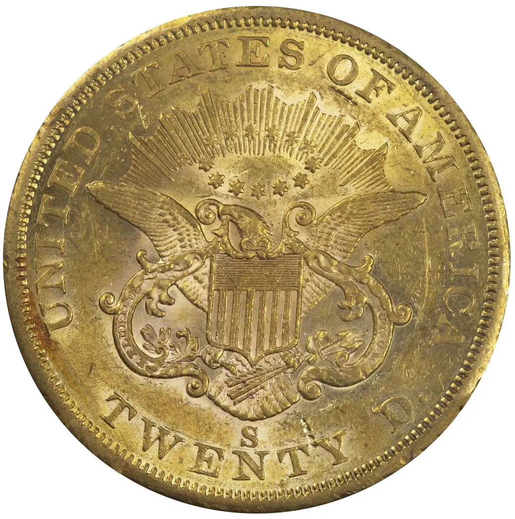 Reverse of the same 1856 Liberty Head double eagle showing the heraldic eagle with shield, no motto, the denomination TWENTY D. and a small S mint mark below the eagle