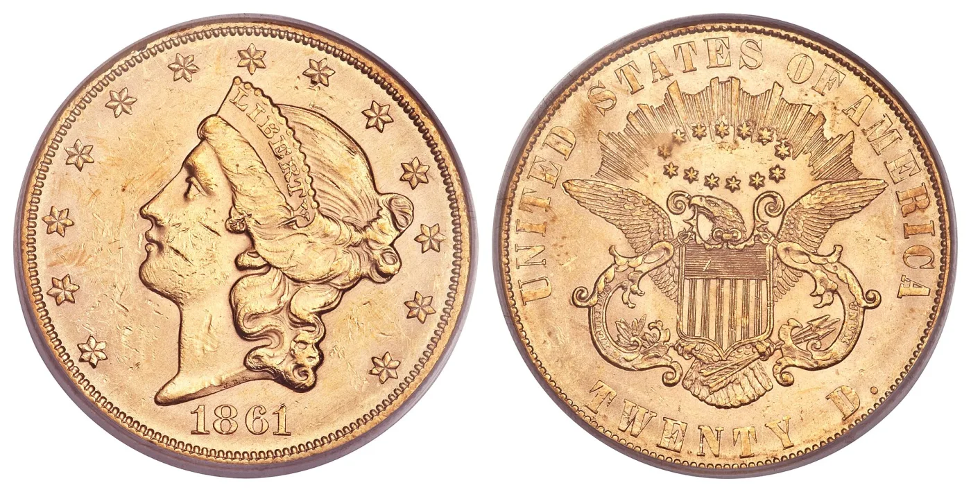 Both sides of an 1861 Liberty Head double eagle, the obverse dated 1861 and the reverse with no motto and the denomination TWENTY D., the letters of the legend tall and narrow