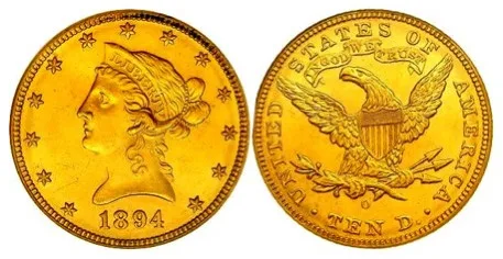Obverse and reverse of an 1894-O Liberty Head Eagle, the reverse showing the O mint mark below the eagle above TEN D.