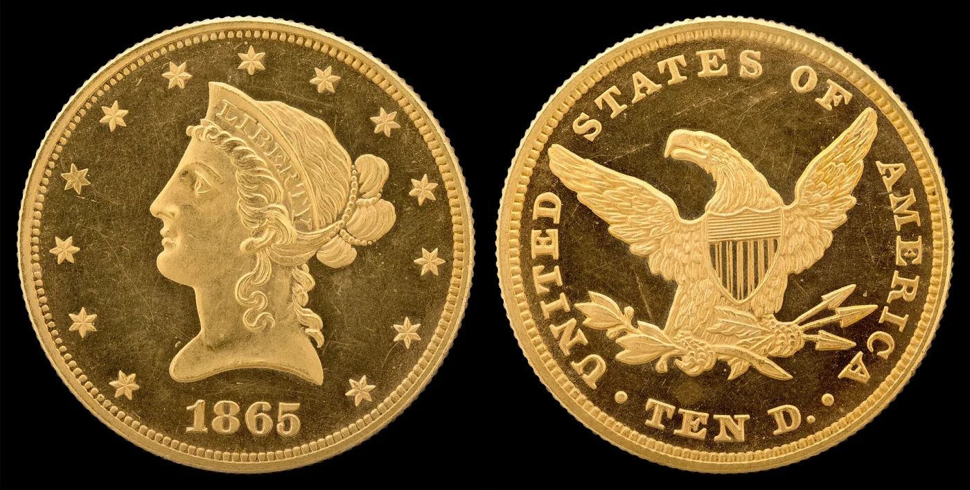 Obverse and reverse of an 1865 Liberty Head Eagle proof, the reverse with no motto above the eagle
