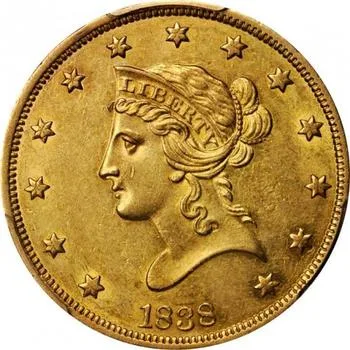 Obverse of an 1838 Liberty Head Eagle, the first year of the series, with LIBERTY legible on the coronet and the date 1838 below the bust