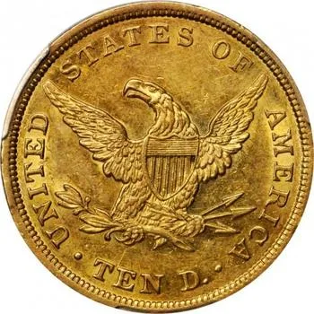 Reverse of an 1838 Liberty Head Eagle with a plain field above the eagle, no mint mark below it, and TEN D. at the bottom