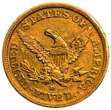 Reverse of an 1843-D Liberty Head Half Eagle with a small D mint mark between the eagle's tail feathers and the word FIVE