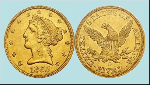 Obverse and reverse of an 1855-O Liberty Head Half Eagle, the reverse showing the O mint mark below the eagle and above FIVE D.