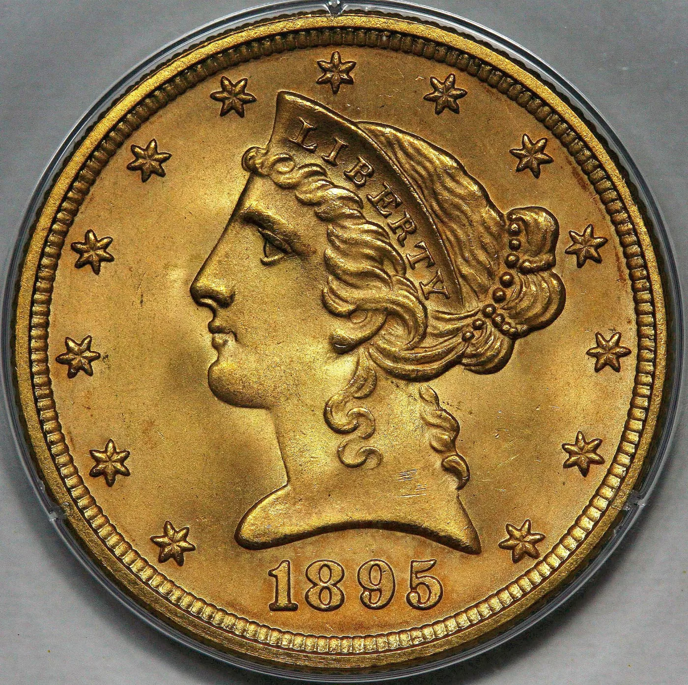 Mint State 1895 Liberty Head Half Eagle obverse with all seven letters of LIBERTY complete on the coronet and full hair detail behind the ear