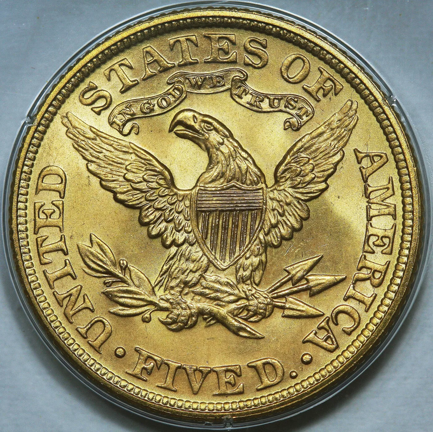 Reverse of an 1895 Liberty Head Half Eagle showing the IN GOD WE TRUST scroll above the eagle's head and the denomination FIVE D. below