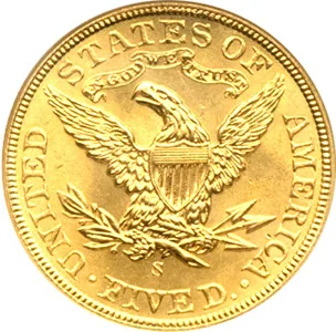 Reverse of a 1905-S Liberty Head Half Eagle with the S mint mark below the eagle, above the word FIVE, and the IN GOD WE TRUST scroll overhead