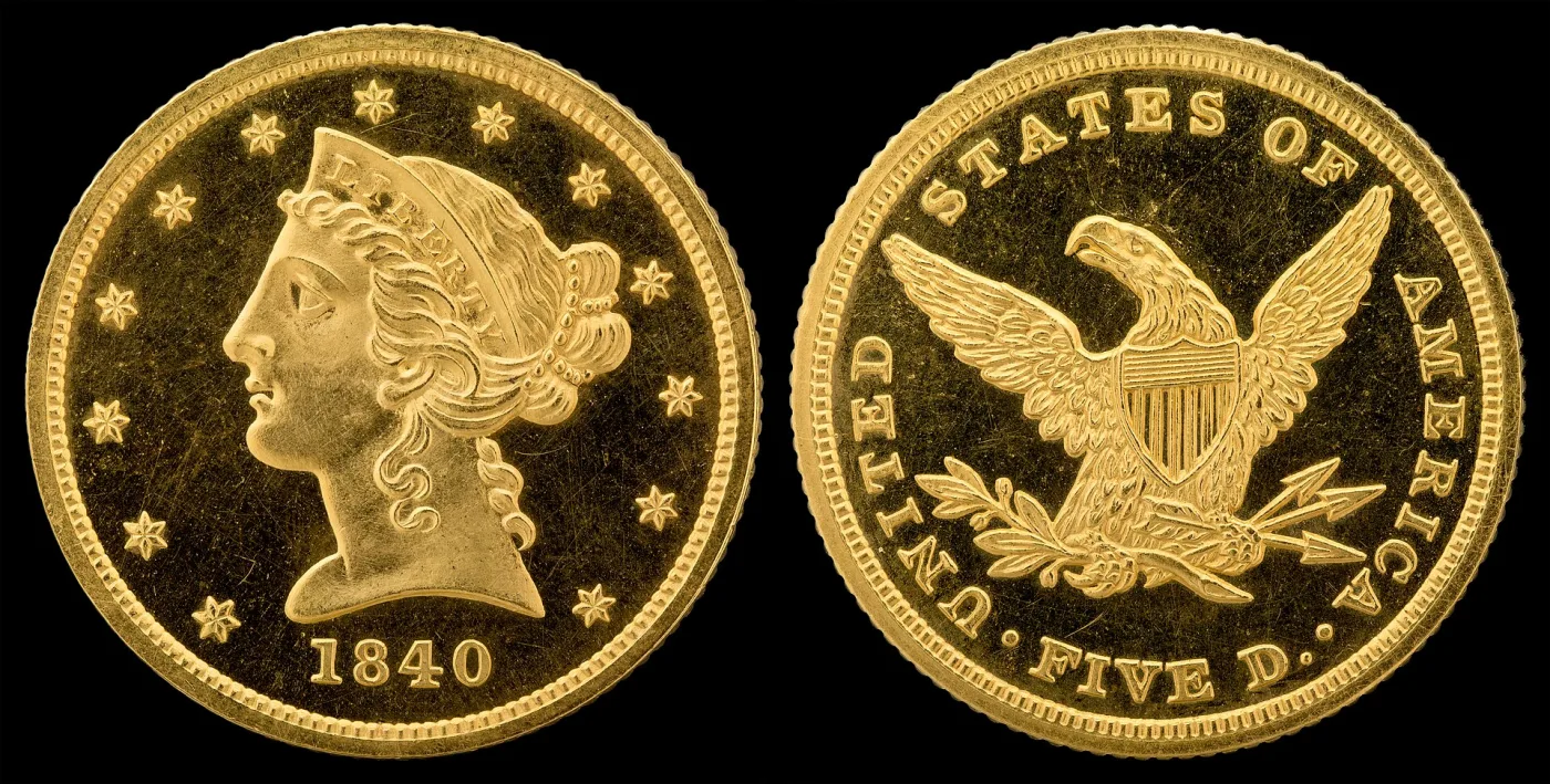 Obverse and reverse of an 1840 Liberty Head Half Eagle proof, the reverse with an empty field above the eagle and FIVE D. below