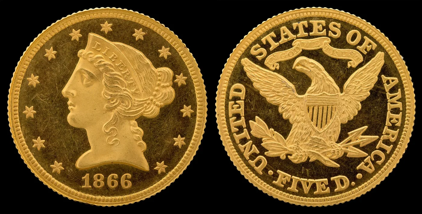 Obverse and reverse of an 1866 Liberty Head Half Eagle proof, the reverse carrying the IN GOD WE TRUST scroll above the eagle