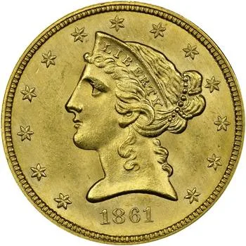 Obverse of an 1861 Philadelphia Liberty Head Half Eagle, the coronet portrait with LIBERTY intact and the date 1861 below the bust