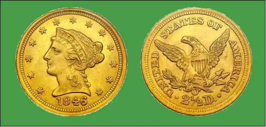 Obverse and reverse of an 1846-O Liberty Head Quarter Eagle, the reverse showing the O mint mark below the eagle and above 2 1/2 D.
