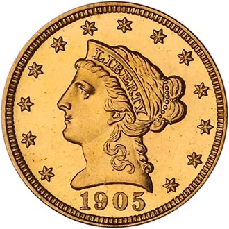 Obverse of a 1905 Liberty Head Quarter Eagle with full LIBERTY on the coronet and sharp star centres