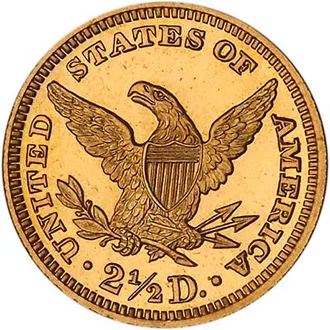 Reverse of a 1905 Liberty Head Quarter Eagle with separated wing feathers, clear shield lines and 2 1/2 D. below the eagle