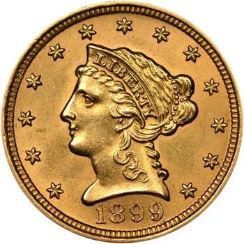 Obverse of an 1899 Liberty Head Quarter Eagle with LIBERTY on the coronet, thirteen stars and the date 1899 below the bust