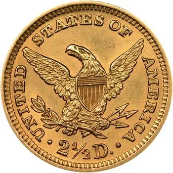 Reverse of an 1899 Liberty Head Quarter Eagle showing the heraldic eagle, an empty field above its head, and the denomination 2 1/2 D. at the bottom