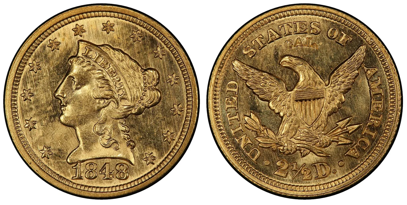 Obverse and reverse of an 1848 CAL. Liberty Head Quarter Eagle, the reverse carrying the letters CAL. punched into the field above the eagle's head