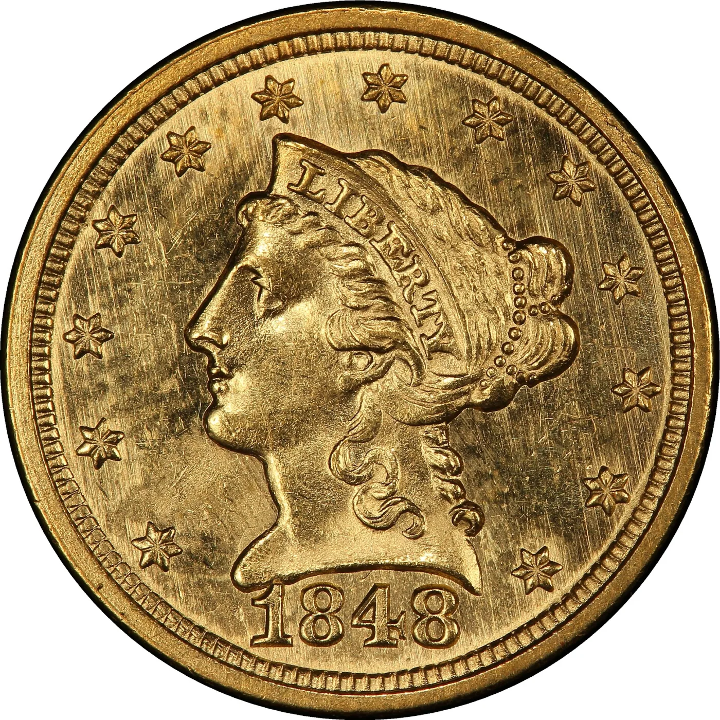 High-resolution obverse of an 1848 Liberty Head Quarter Eagle with all seven letters of LIBERTY sharp on the coronet, separated hair curls and beads securing the bun