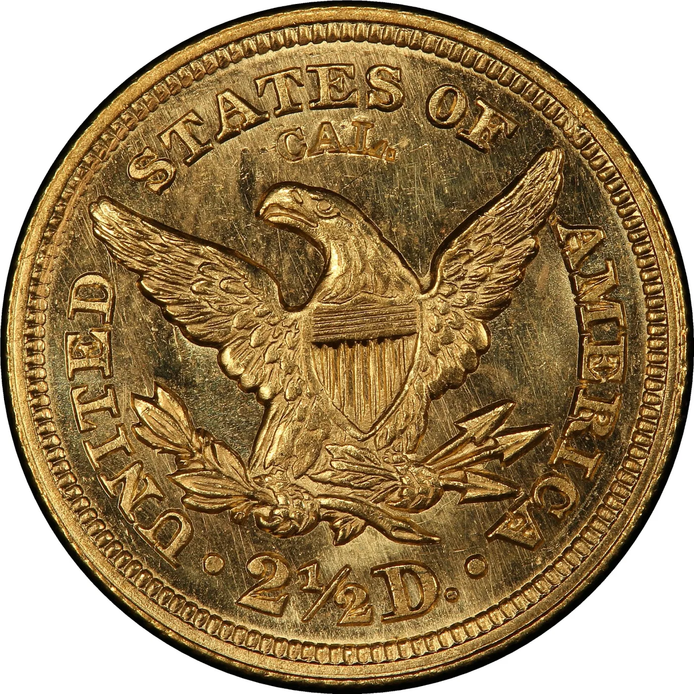 Close view of the reverse of an 1848 CAL. Liberty Head Quarter Eagle, the punched letters CAL. sitting between STATES and OF above the eagle's head