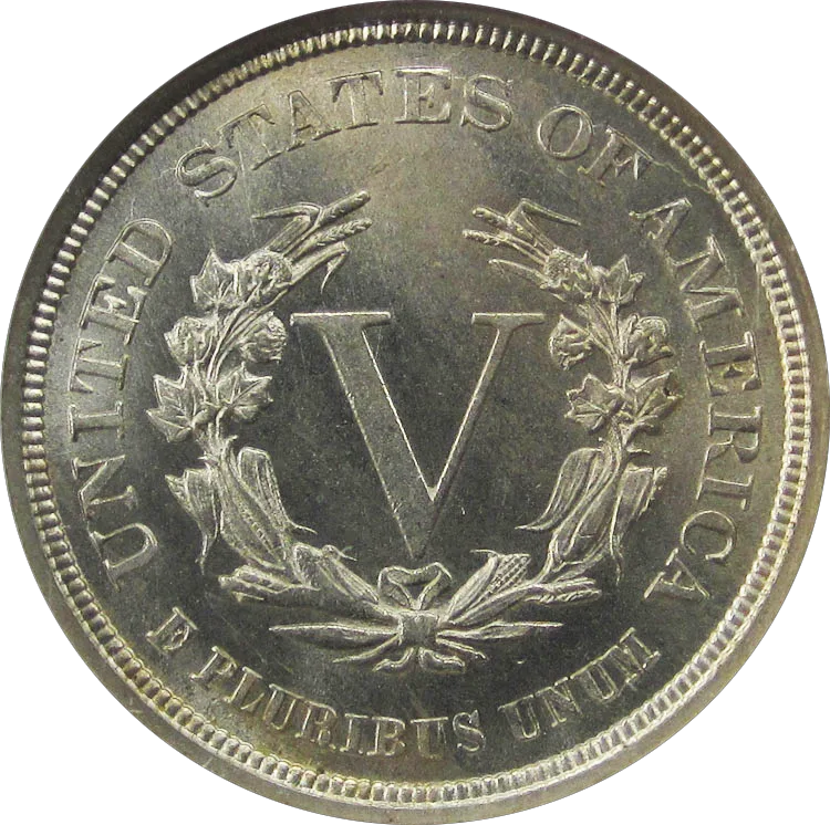 Type 1 No CENTS reverse of an 1883 Liberty Head V nickel, with E PLURIBUS UNUM running along the bottom rim and no denomination stated anywhere