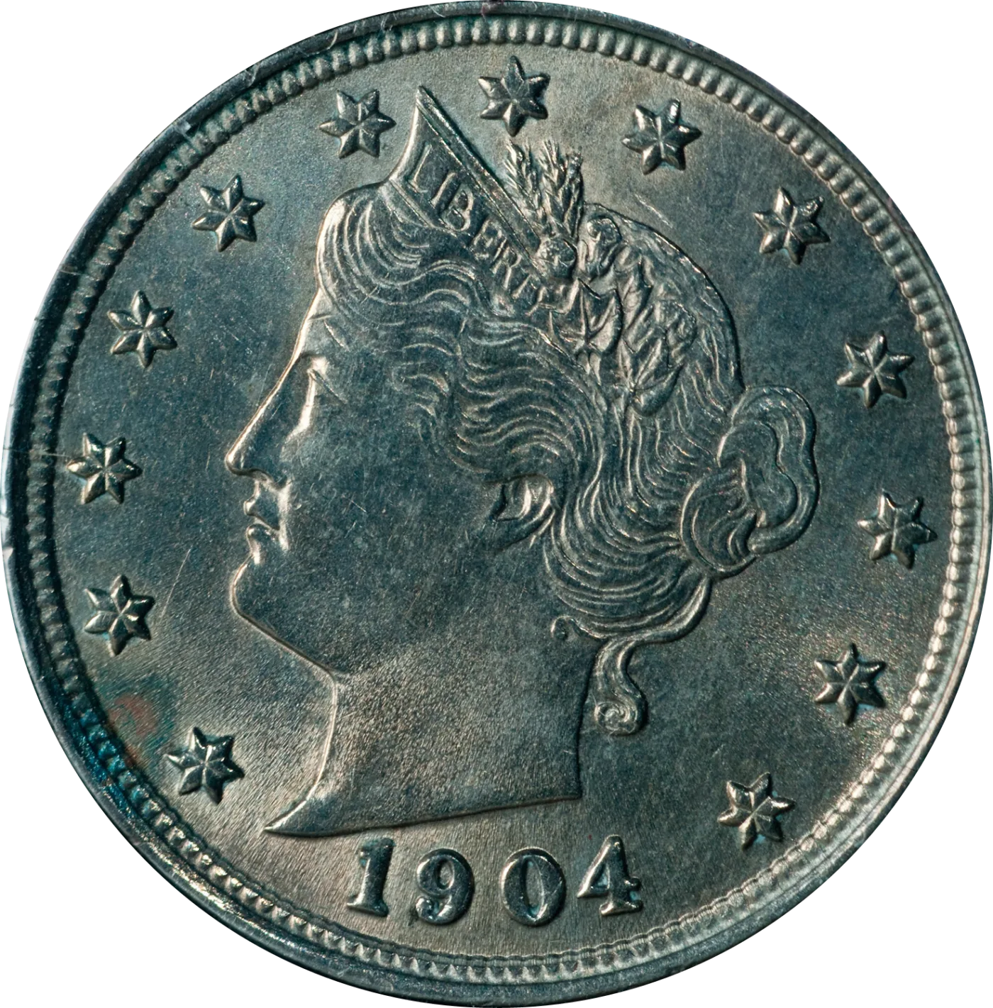 Obverse of a 1904 Liberty Head V nickel showing Liberty facing left, LIBERTY spelled across the coronet band, thirteen stars around the portrait and the date below the bust