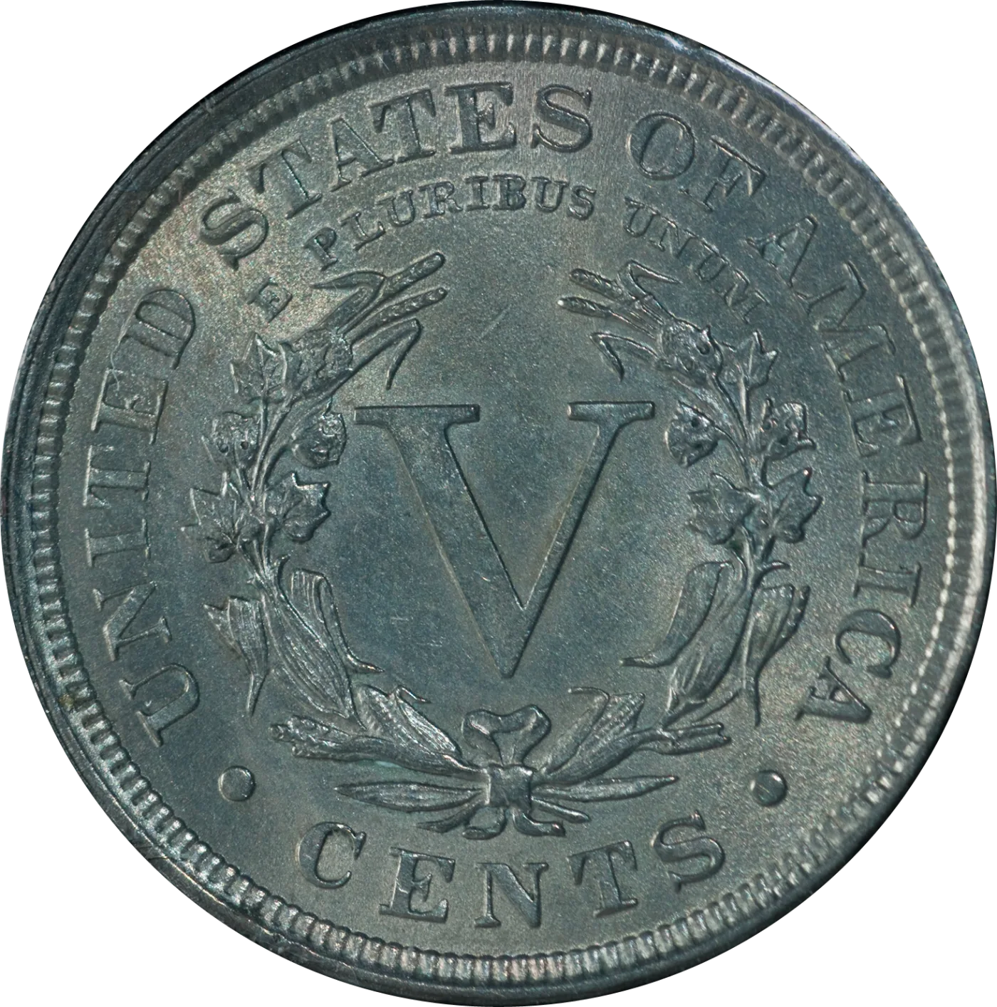 Type 2 With CENTS reverse of a 1904 Liberty Head V nickel, the numeral V inside an agricultural wreath, E PLURIBUS UNUM curving inside the top of the wreath and CENTS at the bottom rim