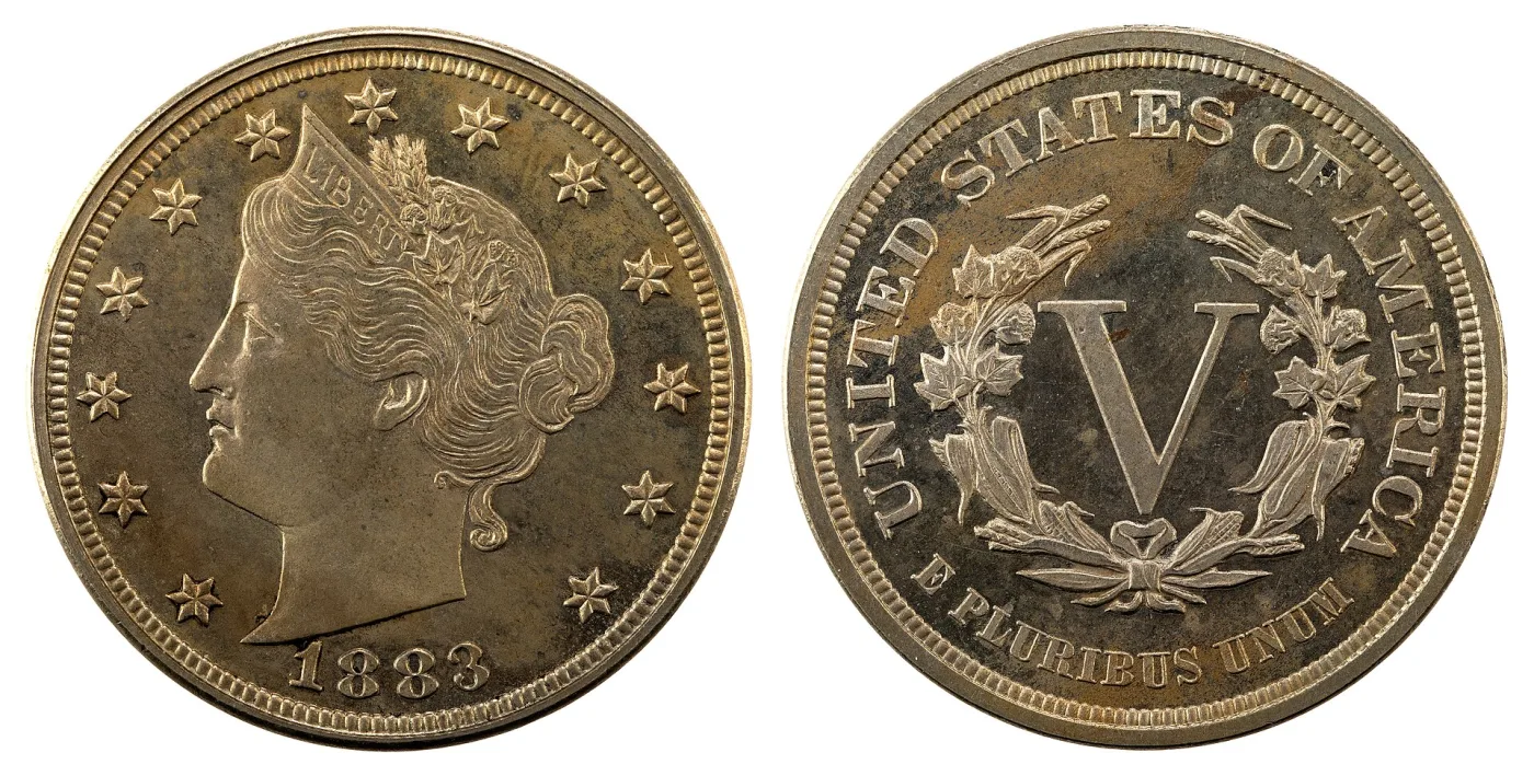 Obverse and reverse of an 1883 No CENTS Liberty Head V nickel shown side by side, the reverse carrying only the Roman numeral V inside a wreath with E PLURIBUS UNUM along the bottom rim